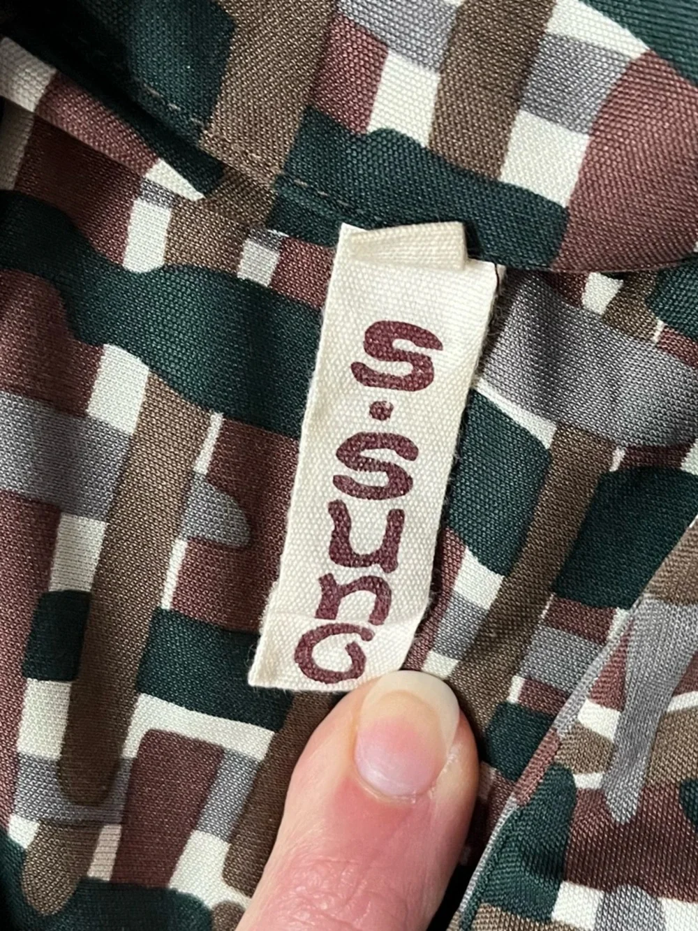 S SUNG Silk Button-Front Geometric Print Dress in Brown, Green & White Medium - Picture 9 of 16